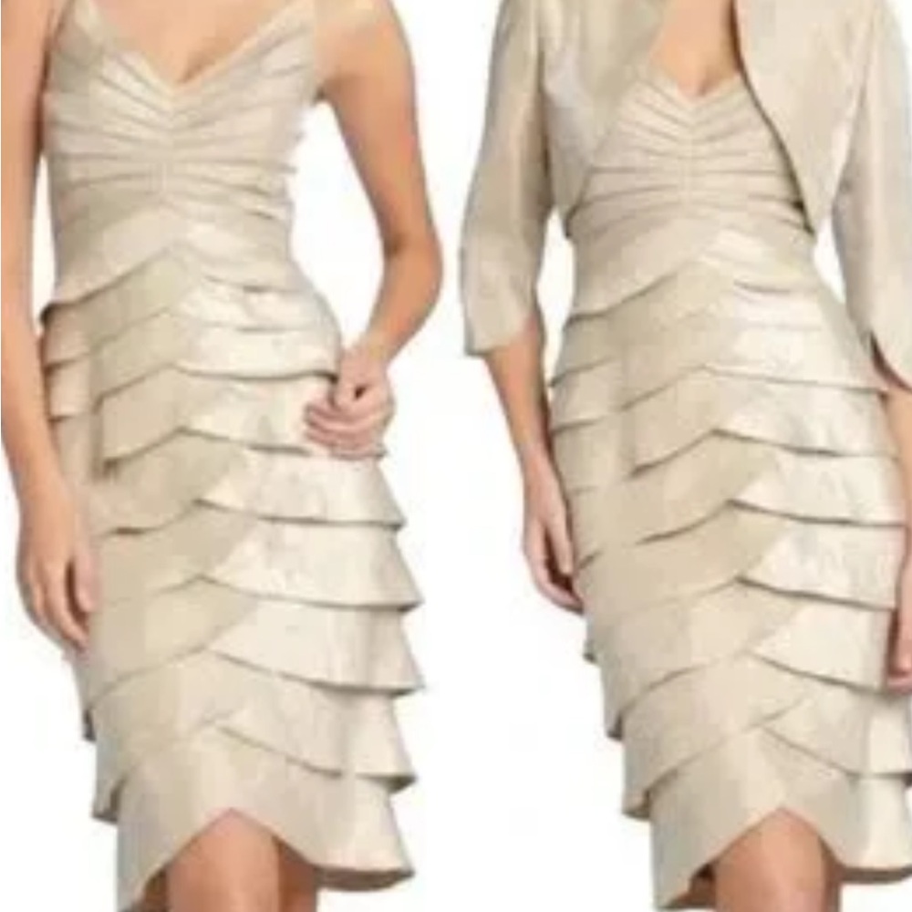 Adrianna Papell champagne shimmery color tiered dress with bolero jacket size 6